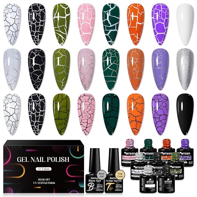 MTSSII Super Easy Crackle Gel Nail Polish 12pc Set - 7 Colors + White, Silver, Black - Base & Top Gel, Quick Dry Nail Art Kit - Fall Gift for Women