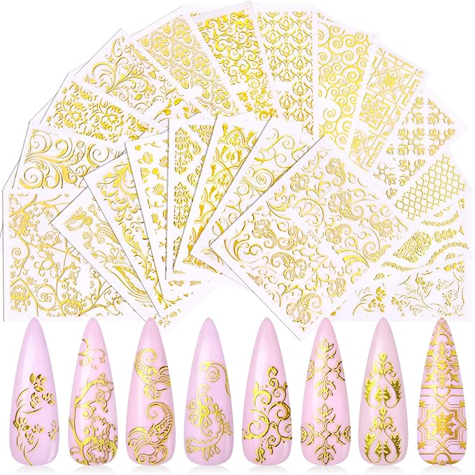 KISSBUTY Metallic Flowers & Vine Nail Decals - 20 Sheets 3D Flower Lace Adhesive Stickers - Gold Floral Nail Decor