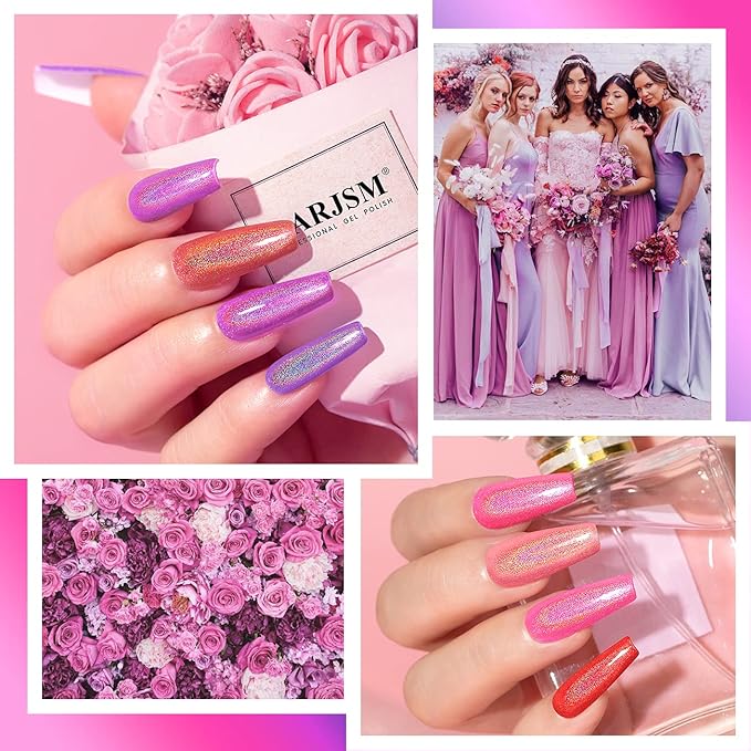 RARJSM Holographic Gel Nail Polish Set Summer Colors Glitter Gel Polishes Kit Rose Gold Hot Pink Red Violet Bright Purple 6PCS 7.5ML Curing Required Unicorn Mirror Laser Effect for Salon Home Manicure