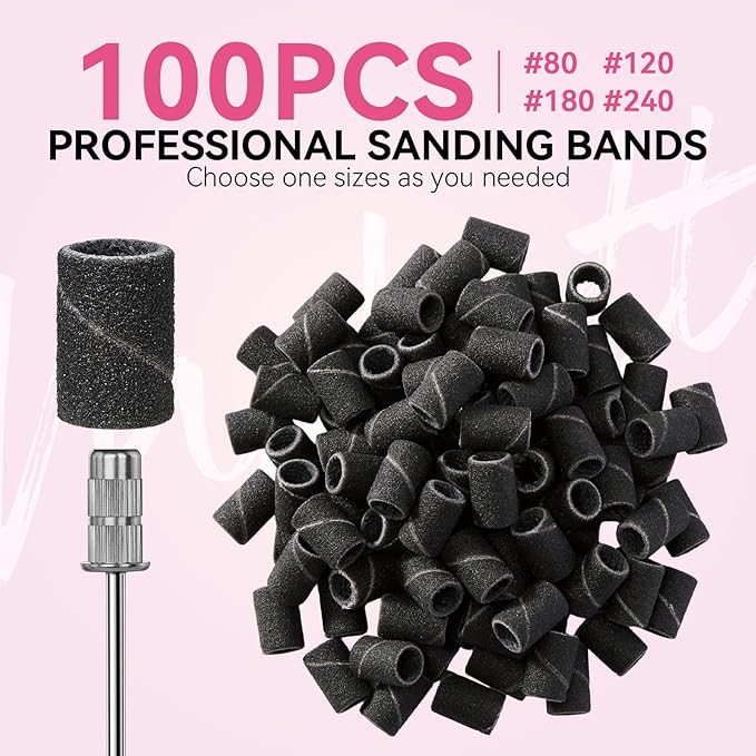 Makartt Sanding Bands for Nail Drill - 100 Pcs #180-Fine Grits Nail File Sanding Bands for Drill Bits, Nail Prep Smooth Polish, Upgrade Thicker Durable Sanding Drill Bit for Acrylic Nails Gel, Black
