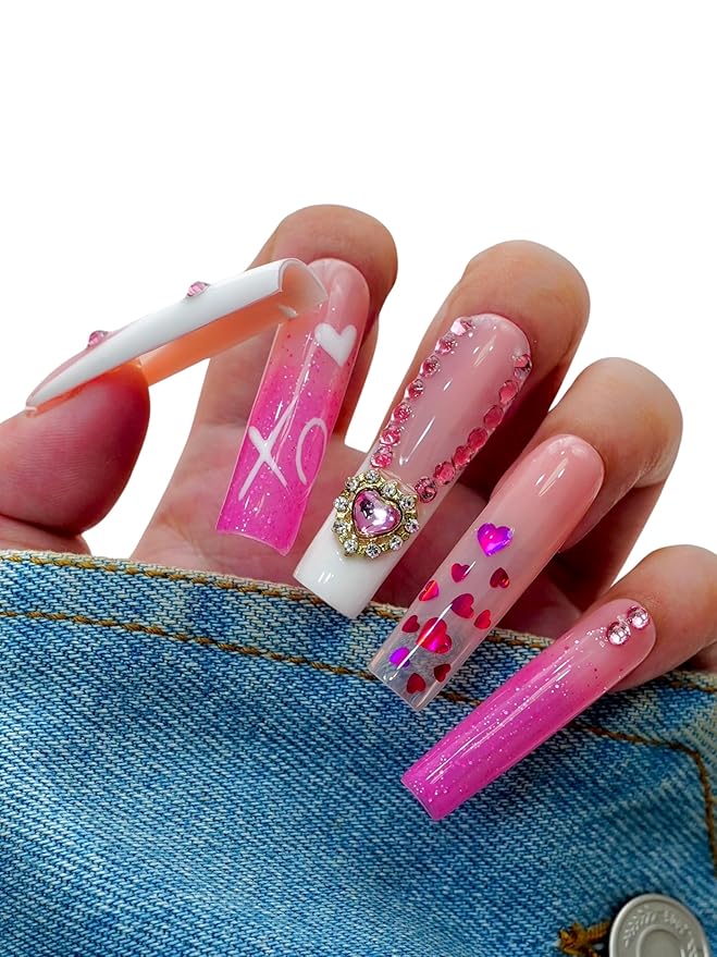 Pink Heart Press On Nails – 10PCS Long Square Fake Nails with Rhinestones, Glitter Hearts & 3D Flower Charms, Glossy Reusable Valentines Nails for Women and Girls – Euphrosyne