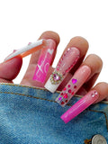 Pink Heart Press On Nails – 10PCS Long Square Fake Nails with Rhinestones, Glitter Hearts & 3D Flower Charms, Glossy Reusable Valentines Nails for Women and Girls – Euphrosyne