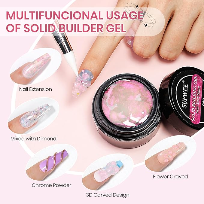 Solid Sculpture Builder Gel, Aurora Pink 3D Nail Gel White Non-Stick Hand Nail Extension Gels for Carving Patterns Decoration Hard Gels for Nails Mnicure DIY at Home 14g(0.49 oz)