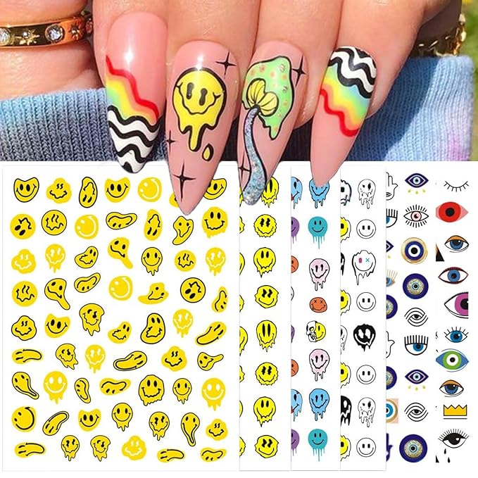 12 Sheets Abstract Smiling Face & Evil Eye Nail Art Stickers, Summer 3D Funny Dripping Melting Smile Self-Adhesive Designs Nail Decals