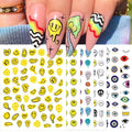 12 Sheets Abstract Smiling Face & Evil Eye Nail Art Stickers, Summer 3D Funny Dripping Melting Smile Self-Adhesive Designs Nail Decals