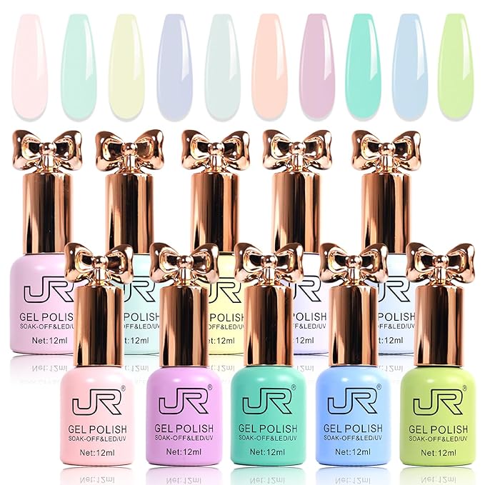 JR 10pcs 12ml HEMA Free Gel Nail Polish Set Including Red Pink Nude Gel Polish Kit UV LED Soak Off Polish Home DIY Gift C Model
