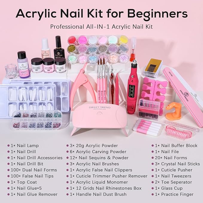 Acrylic Nail Kit for Beginners: Professional Acrylic Powder Set with Everything for Starter - U V Light Nail Drill and Liquid - Full Tools Decoration Tech Gifts for Home Salon Women