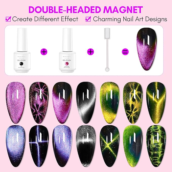 Makartt 9D Magnetic Cat Eye Gel Nail Polish Set, 6 Colors (Yellow, Purple, Silver, Rose Red, Green, Black Hole Effect) with Magnet Stick, 8ml – Soak Off DIY Manicure & Nail Art Supplies