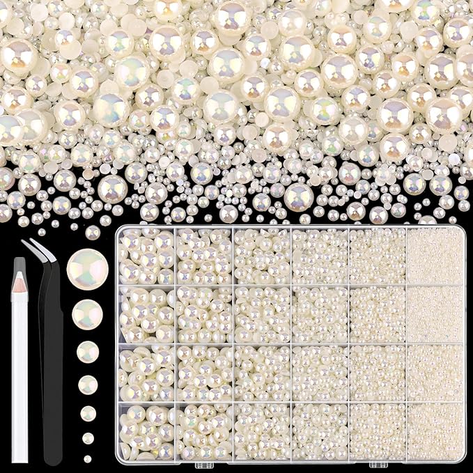 11000Pcs Flatback Pearls for Crafting (Beige AB), Assorted Size 2/3/4/5/6/8/10mm Non Hotfix Half Pearl, Bedazzling Bead for DIY Crafts Clothing Tumblers Mugs Shoes Fabric Embellishment Nail Art Makeup