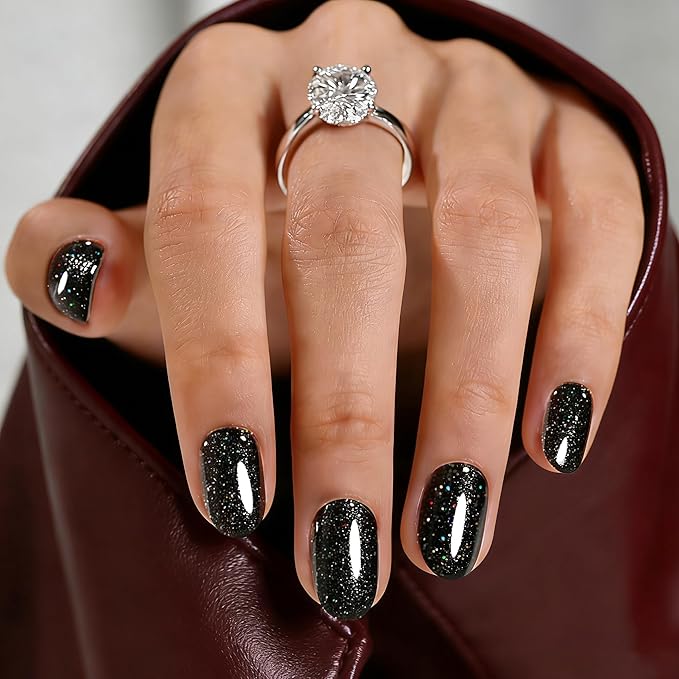 Black Press On Nails Oval Glitter -Short Press On Nails with Nail Glue, Fit Perfectly & Natural Reusable Stick On Nails in 12 Sizes - 24PCS Soft Gel Glue On Nails Kit