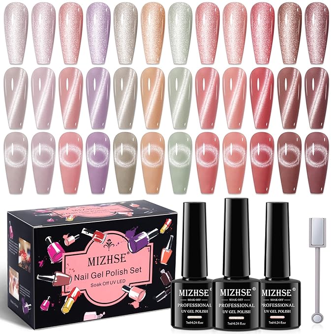 MIZHSE Cat Eye Gel Nail Polish, 12 Basic Colors Collection Velvet Magnetic Gel Polish Polish, Sparkle Shimmery Glitter Nude Pink Brown Soak Off Nail Art Manicure Kit Valentine's Gift