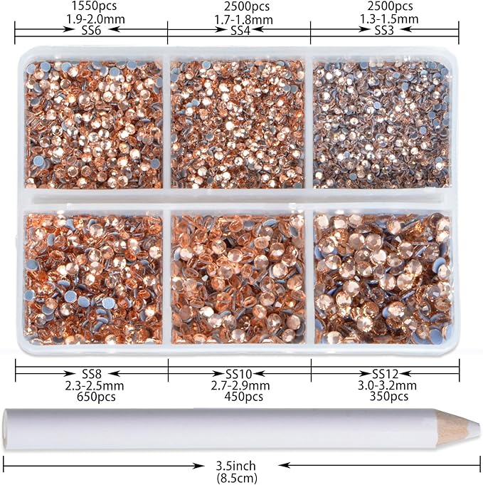 NCB Hotfix Iron on 8000pcs Crystal Rhinestones Round Gem for Crafts Decoration DIY Jewelry Making with a Picking Pen (Golden Champagne, 6Sizes SS3-SS12)