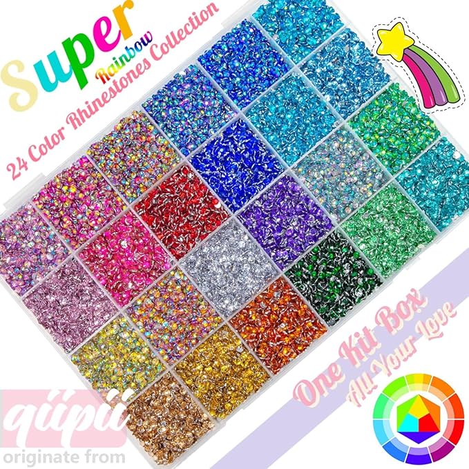 24000Pcs 24 Color 3mm Crystal Resin Rhinestones w B7000 Glue for Bedazzling Crafting Flatback Stones Colorful Crystals Gems Diamonds Charms for Nails Eyes Face Makeup Crafting Tumblers Crafts