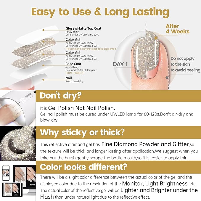 YTD Likomey Colorful Light Gold Reflective Glitter Gel Nail Polish,15ml Holographic Flash Diamond Shimmer Gel,Sparkly Shiny Fall Winter Salon Home Manicure UV Varnish,SZ503