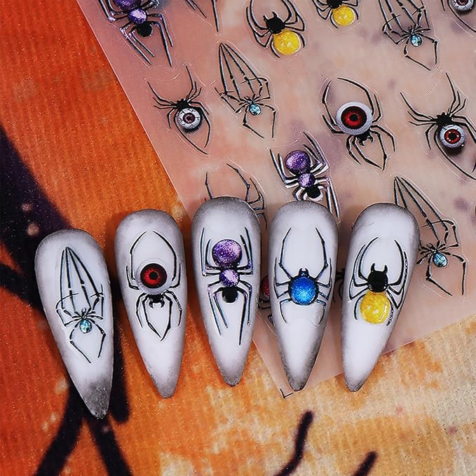 Halloween Spider Nail Stickers, Embossed Horror Eyeball 5D Self-Adhesive Nail Art Decals for DIY Colorful Spider Manicure (2 Sheets)
