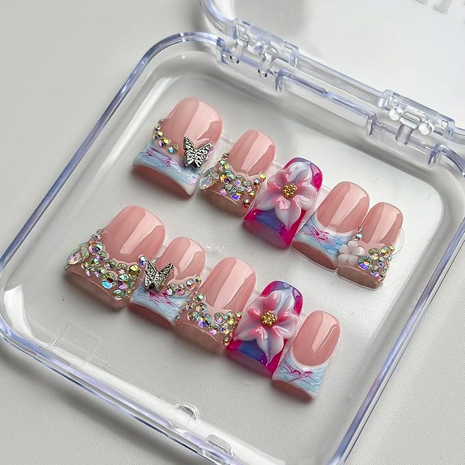 Luxury Press on Nails Short Duck Handmade 3D Unique Reusable ABS Material Fake Nails French Tip False Nails with Designs Flower Butterfly Blue Pink Glossy Glue on Nail Thick Acrylic Nail(S)