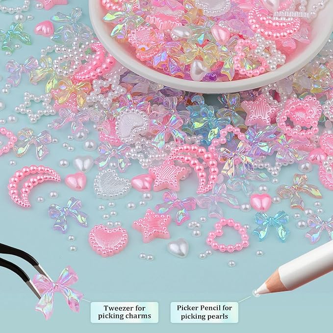 600 Pcs 3D Nail Charms and Flatback Pearls Set 11, 8 Colors Shiny Nail Bows Charm + Pink&White Star Heart Moon Nail Jewels + 2-4mm White Nail Pearls for Nail Art DIY Decoration with Pickup Tools