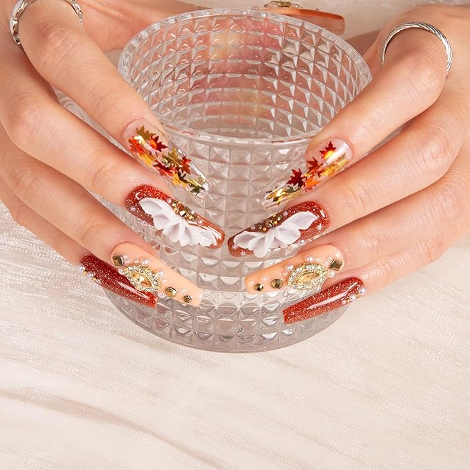 LOVFUL Press on Nails Golden Cascade | Handmade with Full Covered Crystals | Reusable Full Cover Nails | Coffin Classic Regular 1.3 in | H343-M