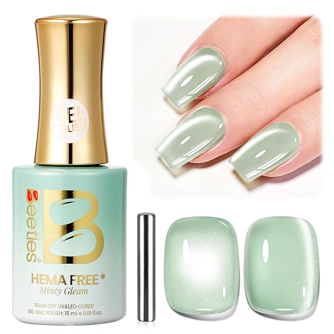 Beetles Minty Gleam Green Cat Eye Gel Nail Polish - 15ML Glass Green Glitter Cat Eye Spring Gel Polish Magnetic Shimmer Effect Soak Off UV Nail Art Design Salon DIY Manicure Gift for Women