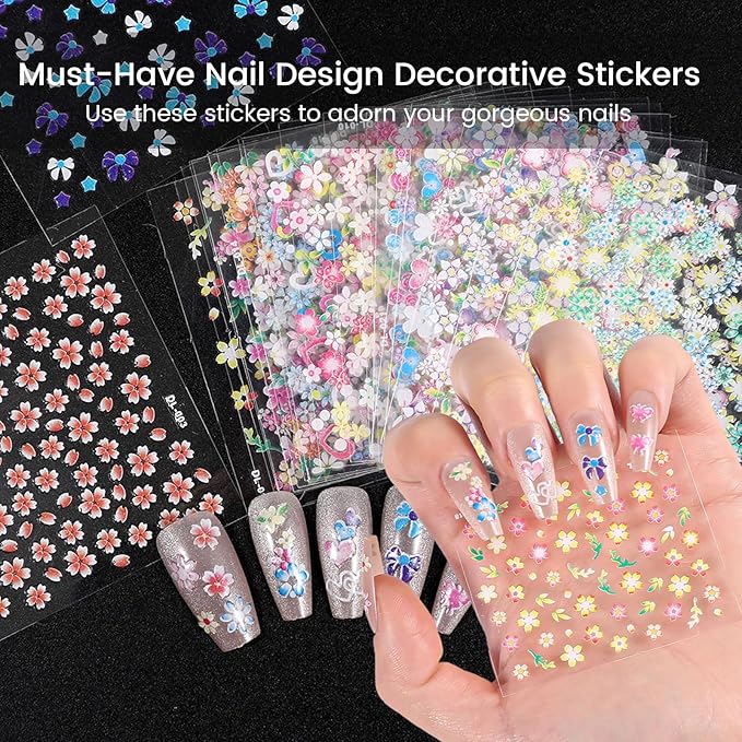 Nail Charms Kit with 30 Sheets Flower Nail Stickers,Colorful Heart Flower Bow 3d Nail Rhinestones And Gems,Nail Pearls Jewels,Tweezer and Wax Pen Art Tools for DIY Design (White And MixColors)