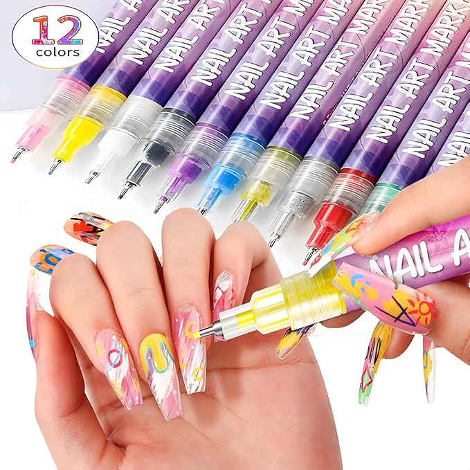Nail Art Markers for Gel Nails,12 Colors Nail Art Pens Set DIY Nail Art Marker Drawing Painting 3D Nail Polish Pens, Quick Dry Graffiti Dotting Point Liner Pens for DIY Nail Art (12 Pcs)