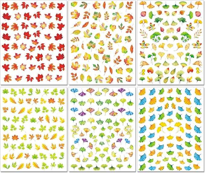 Fall Nail Art Stickers, Thanksgiving Day Laser Glitter Nail Decals, 3D Self-Adhesive Maple Ginkgo for DIY Nail Supplies Decoration(6 Sheets)
