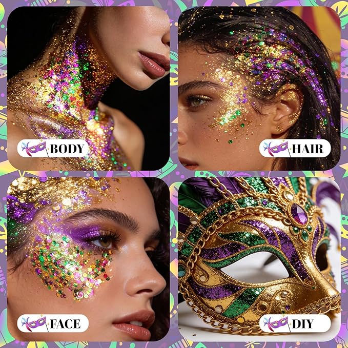 DAGEDA Mardi Gras Body Glitter Gel, Green Gold Purple Face Hair Glitter Carnival Accessories, Chunky Glitters for Mardi Gras Outfit Accessories,Laser Powder Hair Sparkles Festival Sequins Makeup