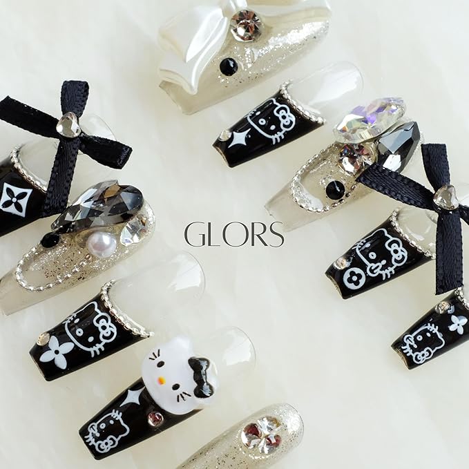 [GLORS] Purly Handmade Long Ballerina Press on Nails | Black False Nail with Cute Kitty | Salon Quality in Long Coffin Nail (XS, LC)