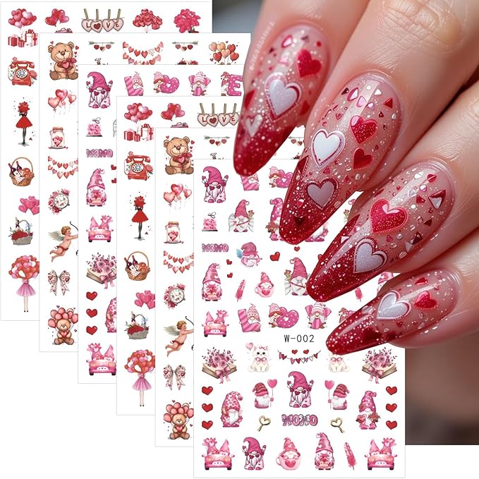 6 Sheets Valentines Day Nail Art Stickers 3D Self-Adhesive Heart Nail Stickers Romantic Cupid Angel Dwarfs Bear Lovers Designs Red Pink Nails Art Supplies Valentines Nail Decals for Women DIY