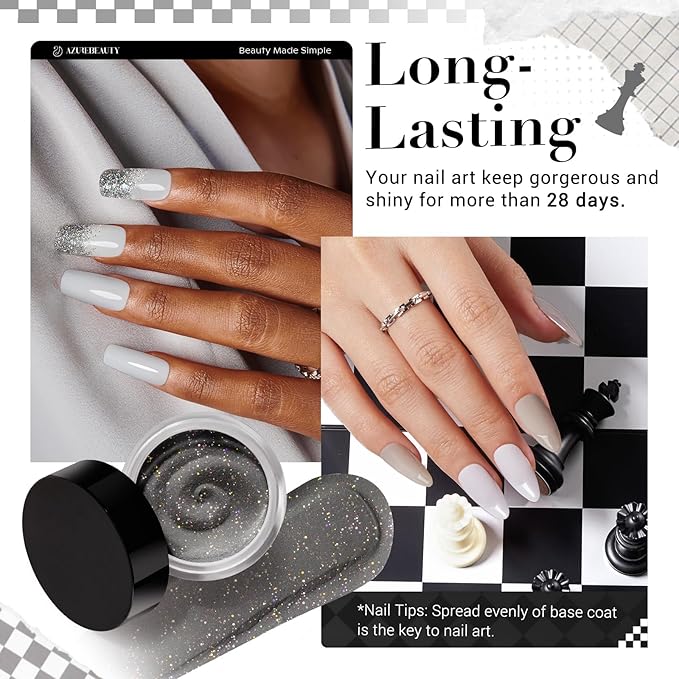AZUREBEAUTY Dip Powder Nail Kit Starter, Light & Dark Grey Black Glitter Sparkle, 4 Colors Dipping Powder Set All Seasons, French Nail Art Base Top Coat Activator Liquid Manicure DIY Salon