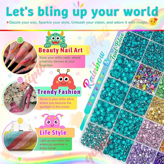 28 Grids Teal Blue 2-6mm Resin Rhinestones w B7000 Glue for Bedazzling Crafting Colorful Flatback Stones Diamonds Crystals Gems Bedazzler Kit for Nails Face Eyes Makeup Tumblers Bottles Crafts