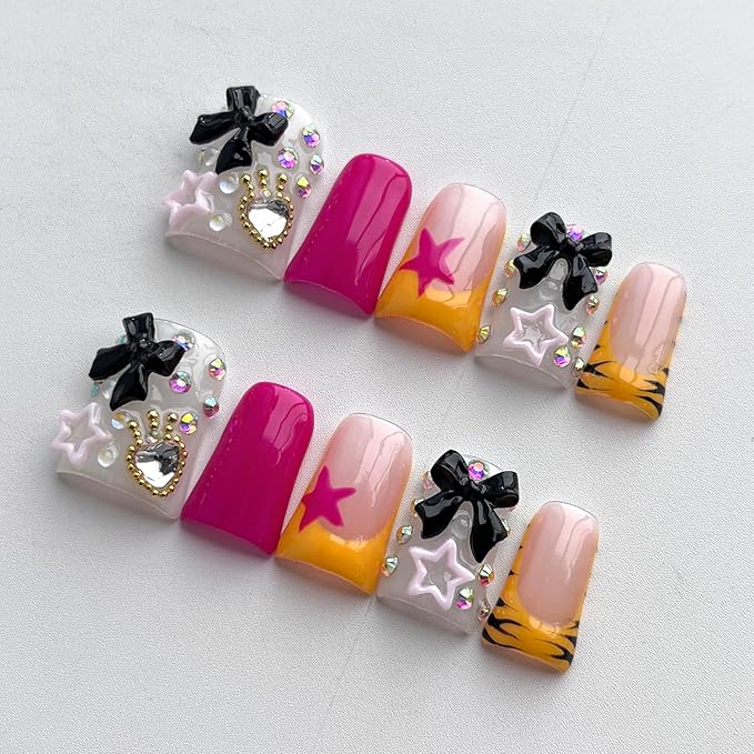 French Tip Press on Nails Handmade Short Duck 3D Thick Acrylic Nails Cute False Nails with Bow Stars Rhinestones Zebra Print Designs Kawaii Glossy Fake Nail Sturdy Art Press on Nail 10Pcs(S)