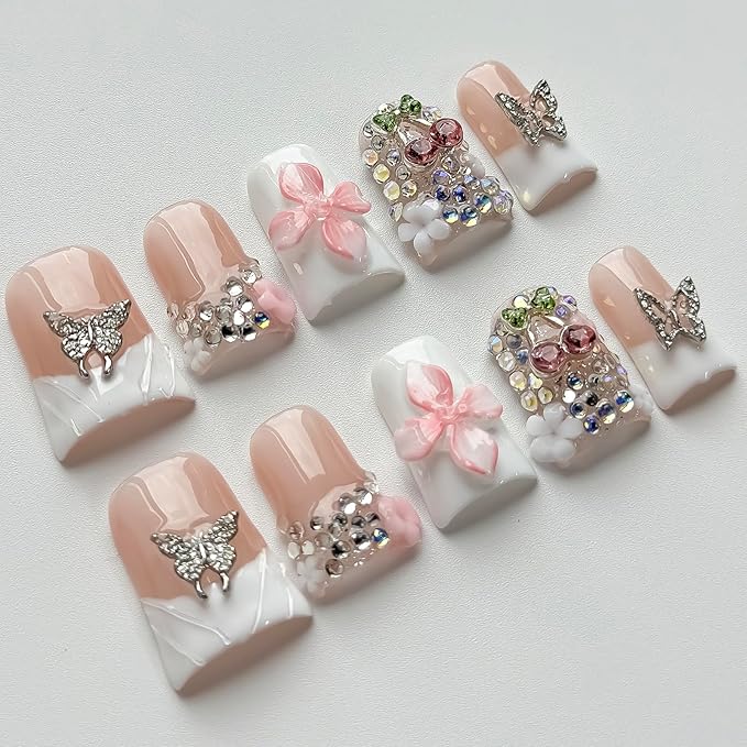 Luxury Press on Nails Short Duck Handmade 3D Unique Reusable ABS Material Fake Nails White French Tip False Nails with Designs Pink Flower Butterfly Glossy Glue on Nail Thick Acrylic Nail(M)