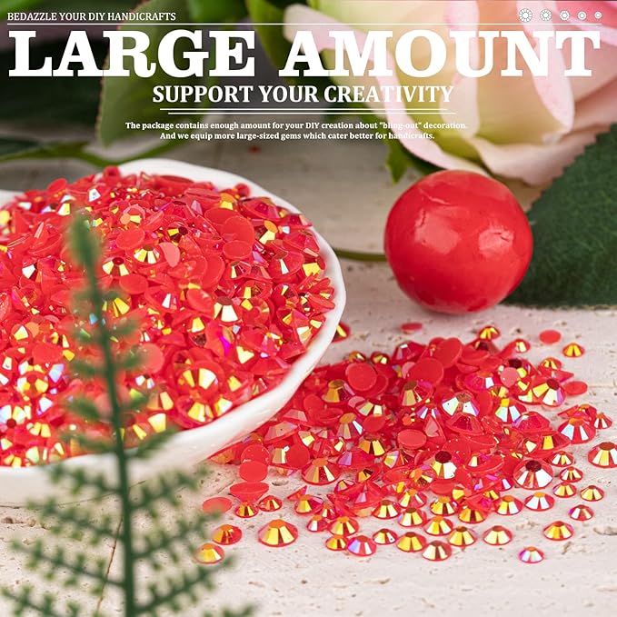 5000PCS Resin Rhinestones with Tweezers for Crafting, 2/3/4/5/6mm Flatback Jelly Rhinestones, 3 Box Red AB Non Hotfix Crystal Gems for DIY Crafts Mugs Tumblers Clothes Makeup Nail