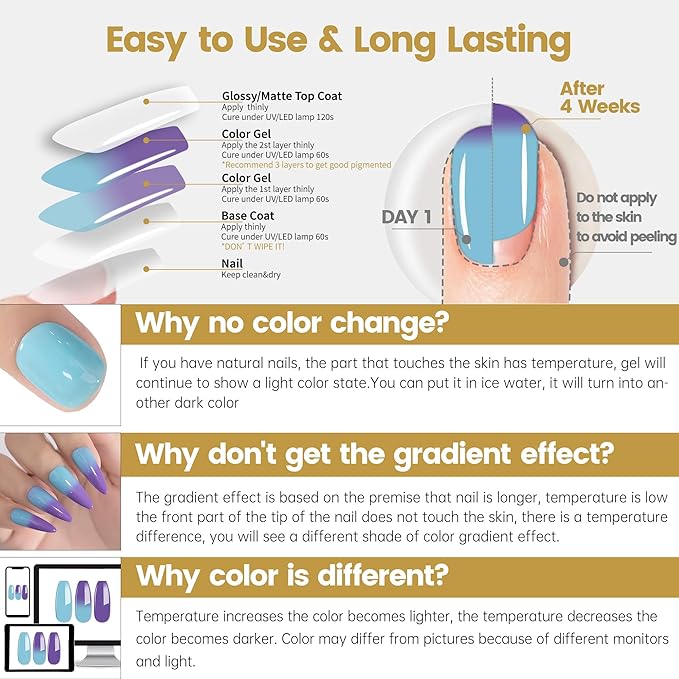 YTD Likomey Color Changing Gel Nail Polish,15ml Mockingbird Egg Blue To Purple Mood Temperature Change Colors,Fall Winter Thermal Ombre UV Manicure Pastel UV Nail Varnish,WB343