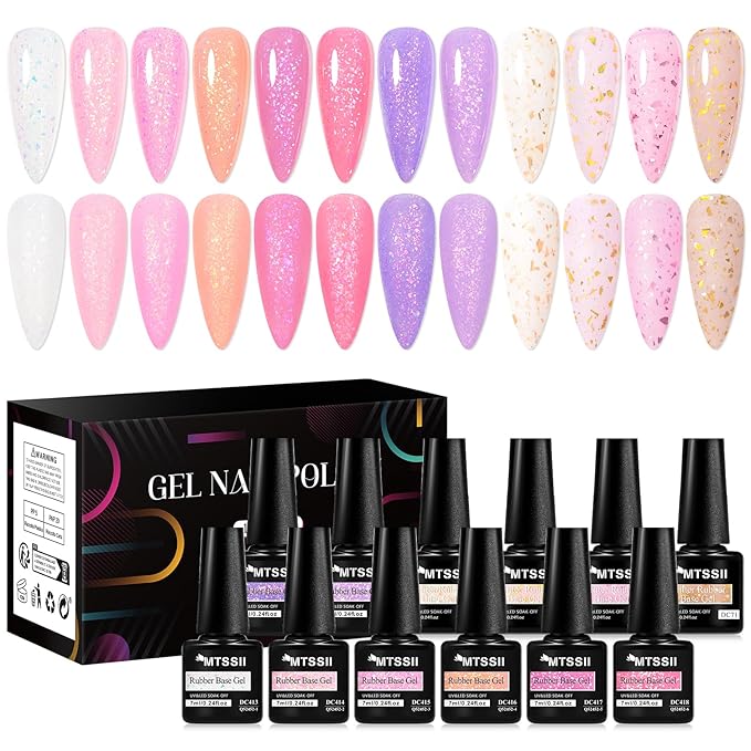 MTSSII 12 Pcs Rubber Base Gel for Nails, Jelly Gel Nail Polish Set Nude Pink Neutral Transparent Milky White Sheer Pink Gold Foil Cloud-pattern Brocade Strengthen/Enhance/Base Coat/Color Gel Polish