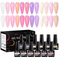 MTSSII 12 Pcs Rubber Base Gel for Nails, Jelly Gel Nail Polish Set Nude Pink Neutral Transparent Milky White Sheer Pink Gold Foil Cloud-pattern Brocade Strengthen/Enhance/Base Coat/Color Gel Polish