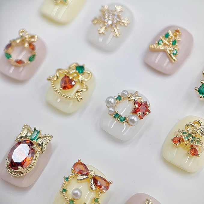 12PCS Christmas Nail Art Charms - Natural Zircon Gems with 3D Alloy Mix Shapes, Luxury Rhinestones & Crystal Diamonds for Shiny Winter Holiday Nail Decorations
