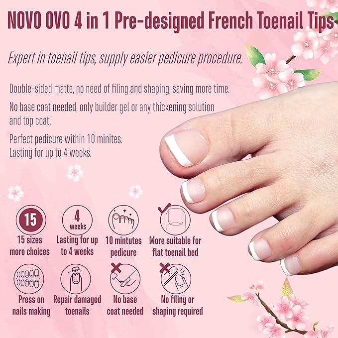 NOVO OVO Fake Toe Nail Tips Press on, French Tip Soft Gel Toenail Extension, BABY PINK Square Round Pre-applied Tip Primer & Base Coat, Full Cover Matte False Nails for DIY x 15 Sizes 360Pcs