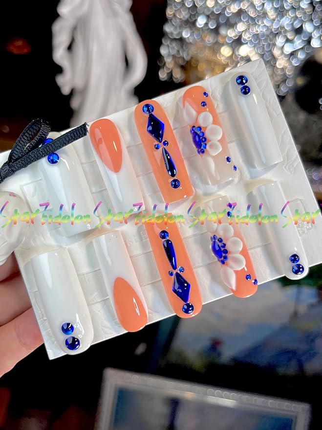 HAND-PAINTED Short Square Press on Nails Medium Length Stick on Nails Shoot Nail Art Press on Nail Kit with 7g Nail Glue on Nails Coffin False Nail Set Best Fake Nail Handmade (Medium, Style 2)