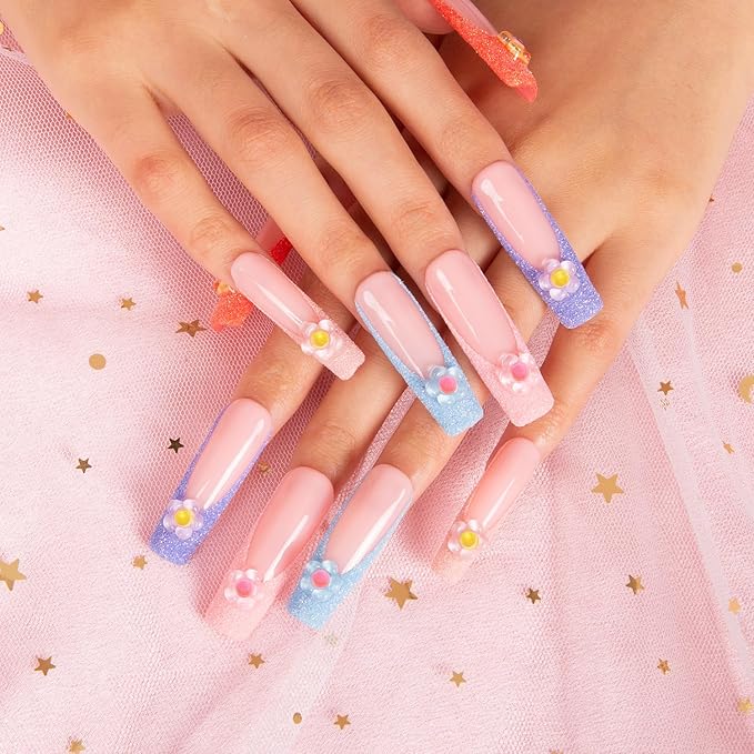 LOVFUL Press on Nails | Handmade with Full Covered Crystals| Reusable Fake Nails| Square Mid length 1.7in| H213-S