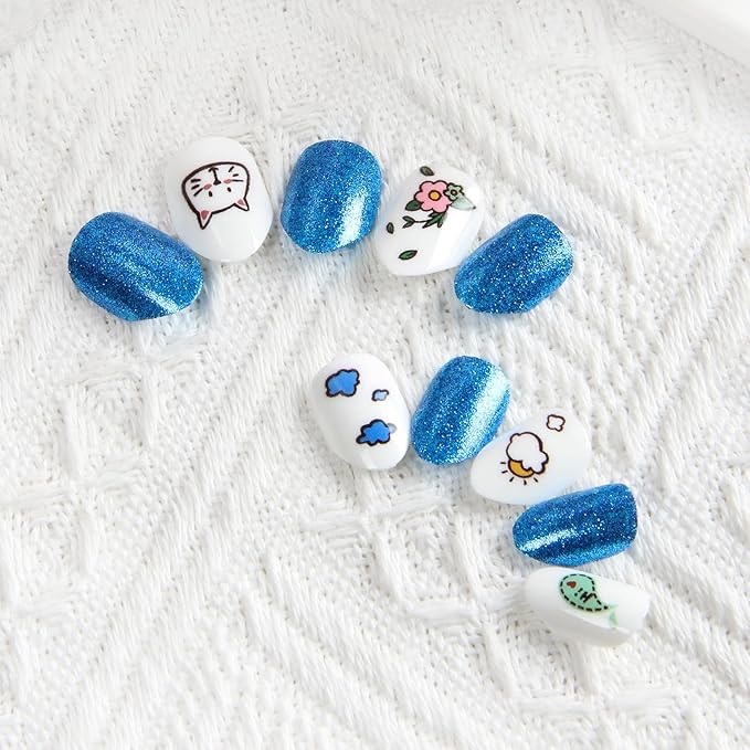 Cute Press on Nails for Kids,Girls Trendy Stuff Fake Nail Kit for Ages 5-12, Pre-glue Glitter Short Acrylic Nail Stick on Nails, Great for Girl Birthday Gifts, Parties&Makeovers Decoration