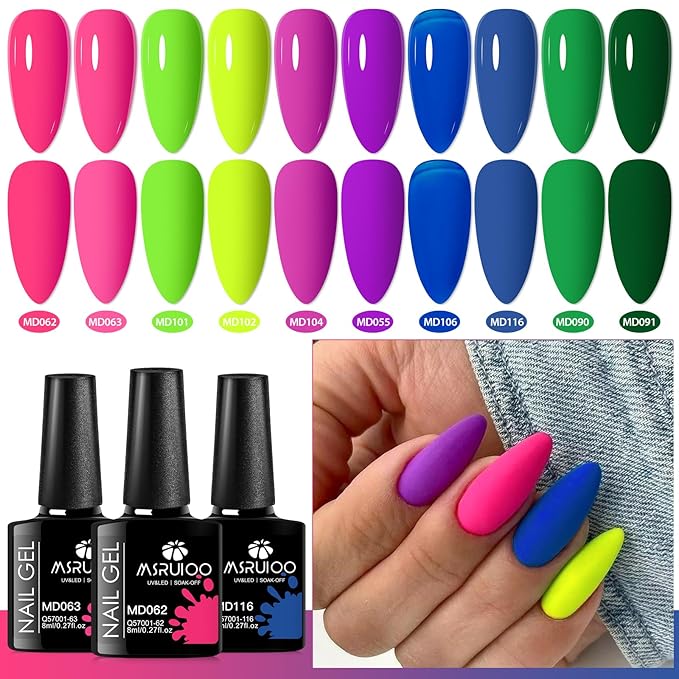 12Pcs Neon Gel Nail Polish Kit Hot Pink Green Purple Blue Gel Polish Kit with Base Top Coat for Nail Art DIY 10 Colors