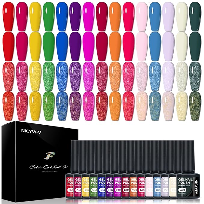 20 PCS Gel Nail Set, 15 Colors Gel Polish Set Neon Bright Pink Blue Red Purple Shades, with Gold Silver Glitter and Glossy Matte Top Coat, Base Coat, for Women Gift Kit