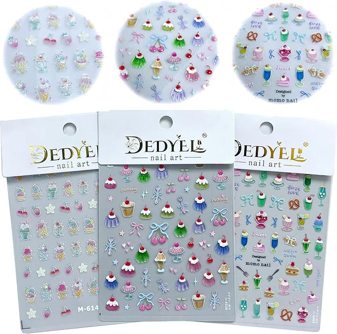 Dedyel Food Nail Art Stickers 3D Cake Dessert Donut Ice Cream Cookies Fruit Bread Self-Adhesive Nail Stickers for Women Girls Kids