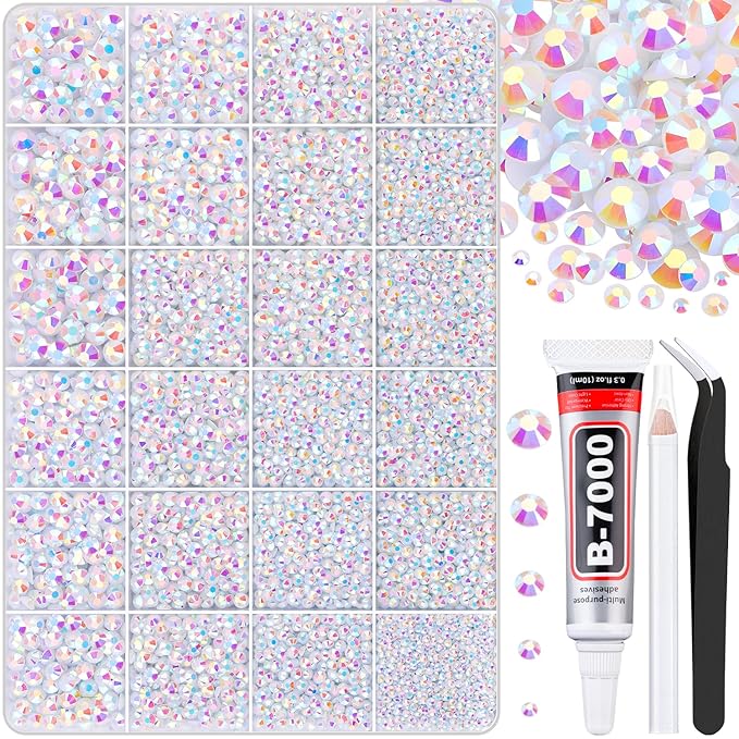 30000Pcs White AB Rhinestones for Bedazzling with B7000 Jewelry Glue, Bedazzler Kit Flatback Gems, Resin Rhinestones for Crafting Crafts Clothing Shoes Fabric Nail Art Assorted Size 2/3/4/5/6mm
