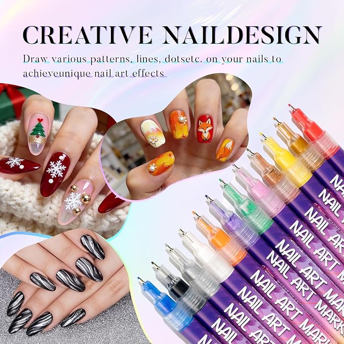 Nail Art Pens, 12 Colors 0.5mm Fine Tip Water-Based Quick-Dry Pens for DIY Nail Design, Doodles & Outlines – Nail Art Kit for Kids, Teens & Beginners