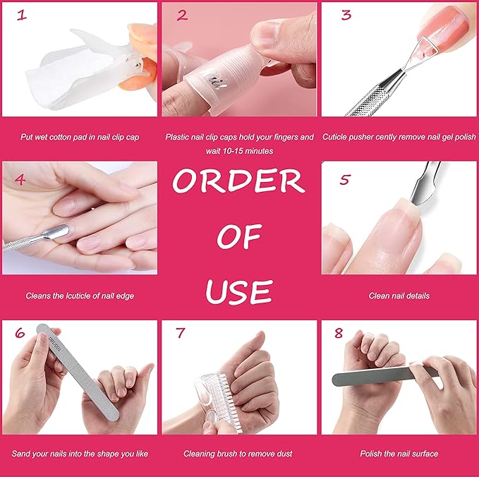 Gel Polish Remover Tools Kit - 10 Clips, 400 Lint-Free Wipes, Files 100/180, Buffer Block 400/4000, Brush, Cuticle Pusher & Peeler (Clear)