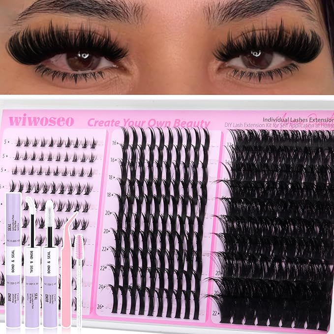 wiwoseo Spiky Lash Clusters with Bottom Lash Clusters Kit Salon Volume Lash Spikes Cluster Eyelash Extensions Kit 26MM Long Eyelash Clusters Spiky Manga Lashes Clusters with Clear Bond and Seal
