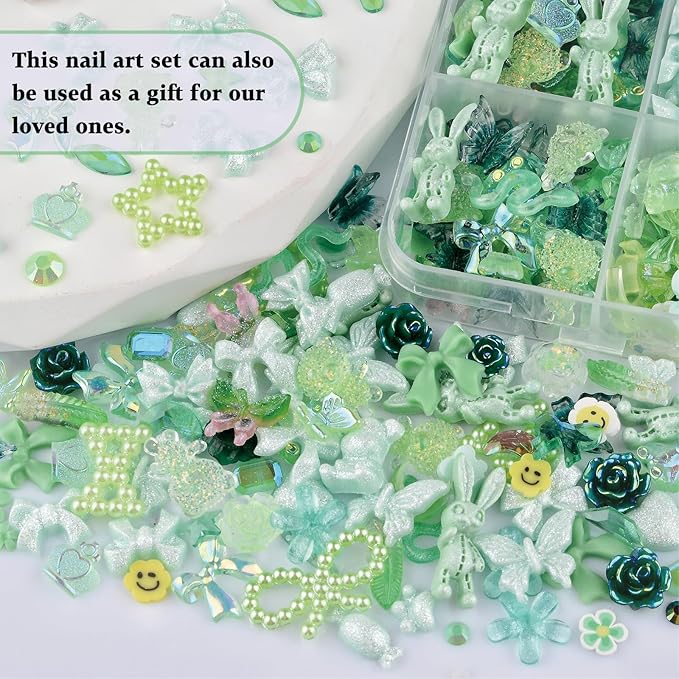 850 Pieces 3D Butterfly Rose Flower Bow Rabbit Bear Nail Charms Kit with Nail Art Rhinestones Pearls Crystal Gems Nail Slices for Manicure DIY Crafts Jewelry Accessories (Green)